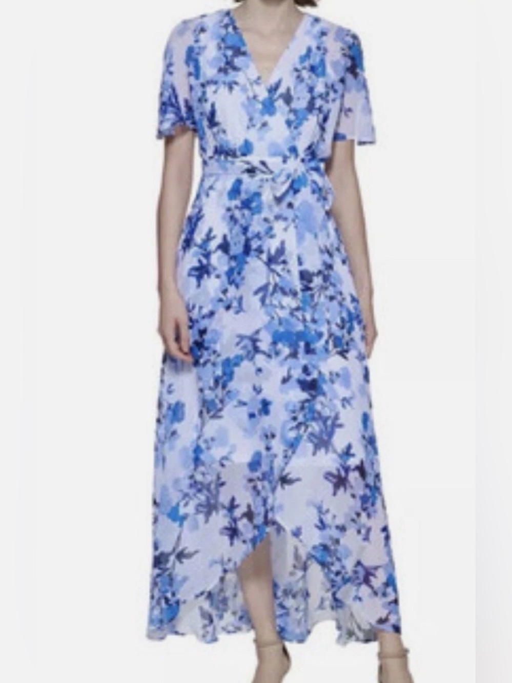 JESSICA HOWARD Womens White & Blue Self Tie Belt Lined Maxi Dress, Size 12, NWOT